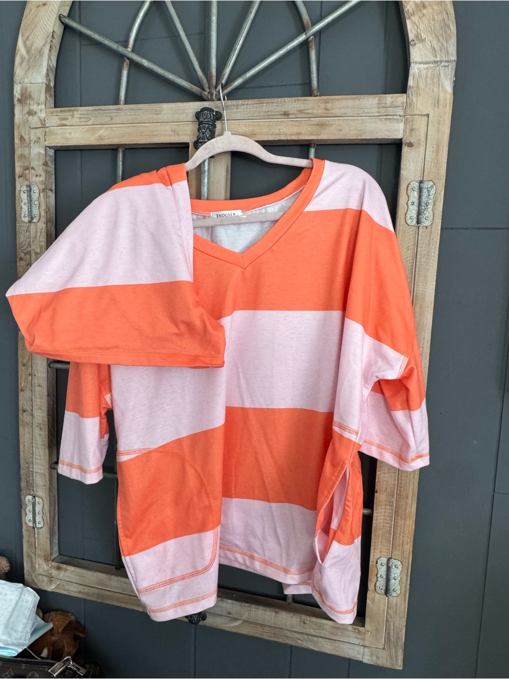 Womans’ Striped V-Neck Top and shorts in Coral & White